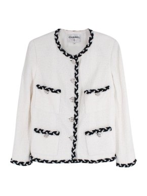 Chanel White Tweed Multi-Pocket Blazer with Crystal Button Detail
