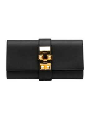Hermes Medor Clutch Bag in Black Swift Leather with Gold Hardware