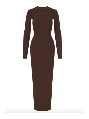 SKIMS Fits Everybody Crewneck Long Sleeve Bodycon Dress in Cocoa