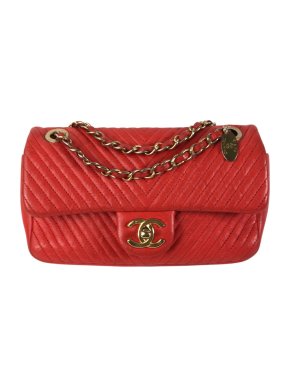 Chanel Red Medium Calfskin Chevron Medallion Charm Single Flap Bag
