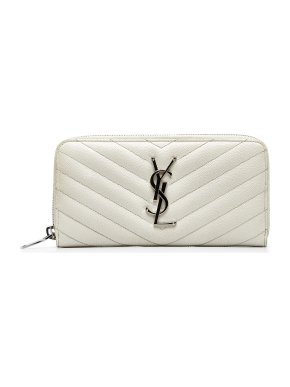 Saint Laurent White Leather Monogram Zip Around Long Wallet