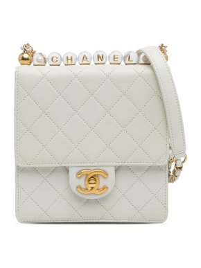 White Quilted Leather Small Chic Pearls Flap 1