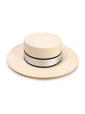 Chanel Cream Woven Straw Boater Hat with Grosgrain Trim