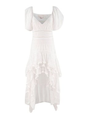 LoveShackFancy Cayden White Silk Broderie Anglaise Puff Sleeve Dress
