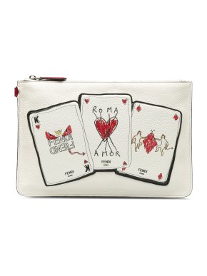 Fendi White Roma Playing Cards Zip Clutch