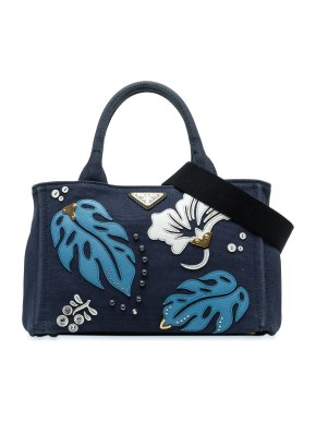 Prada Navy Embellished Canapa Hawaii Bag