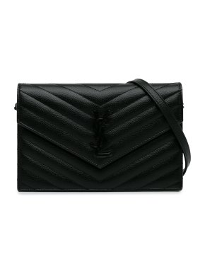 Saint Laurent Black Grained Calfskin Chevron Wallet on Chain