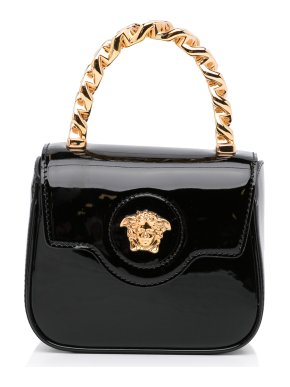 Versace Black Patent Leather Mini La Medusa Top Handle Bag