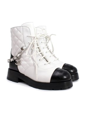 Chanel White Quilted Leather Biker Boots with Chain Detail