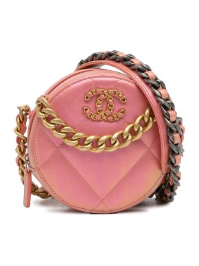 Chanel Pink Pearlescent 19 Round Lambskin Clutch With Chain