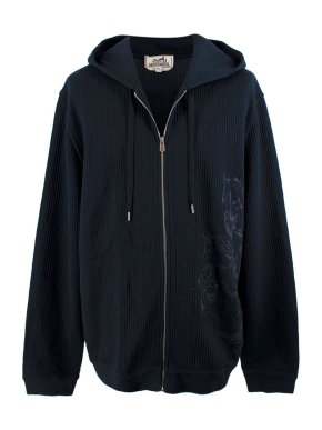 Hermes Navy Cotton Ribbed Zip Up Hoodie with Horse Embroidery