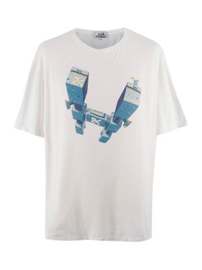 Hermes White Blue Graphic Print Cotton T-Shirt