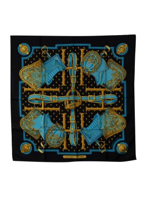 Hermes Black 'Selles A Housse' Silk Scarf 90x90
