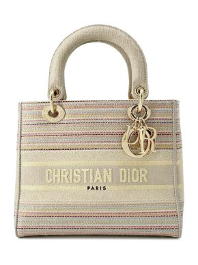 Dior Beige Striped Medium Embroidered Canvas Lady D-Lite