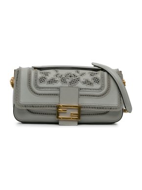Fendi Embroidered Grey Lace  And Leather Baguette