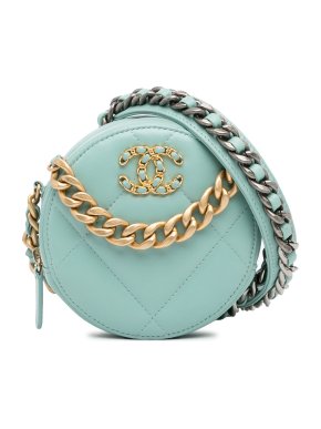 Chanel Light Turquoise Blue Lambskin 19 Round Clutch with Chain