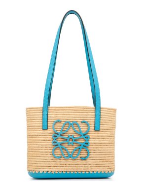Loewe Turquoise Leather And Raffia Square Basket Tote
