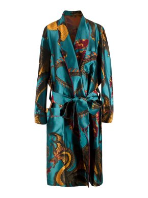 New & Lingwood Teal Dragon Patterned Silk Dressing Gown