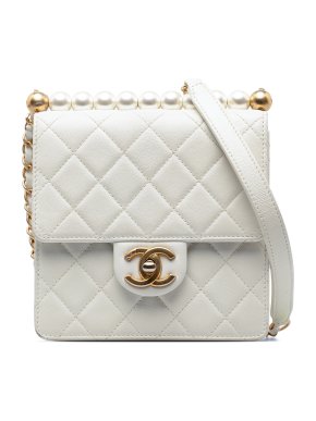 Chanel White Quilted Leather Small Lambskin Chic Pearls Flap