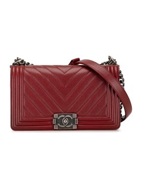 Chanel Red Chevron Caviar Leather  Medium Boy Bag
