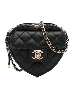 Chanel Black Quilted Leather CC In Love Heart Clutch With Chain