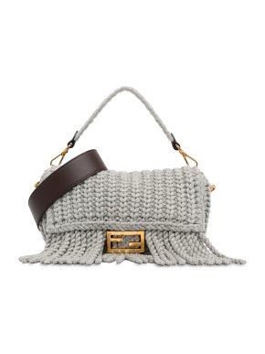 Fendi Grey Knit Fringe Baguette Satchel