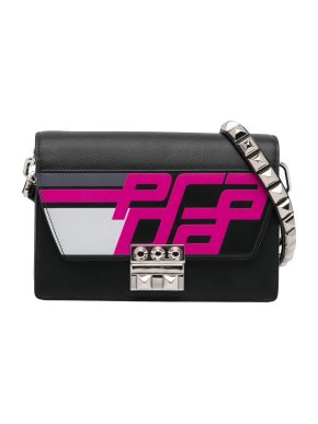 Prada Black Studded Saffiano Racing Logo Elektra Crossbody Bag