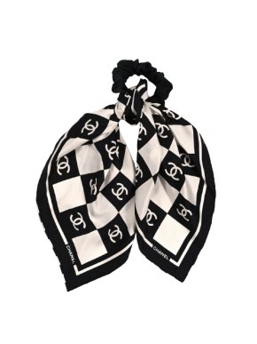 Chanel Black and White Silk Scarf and Scrunchie Set