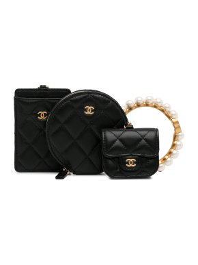 Chanel Black Pearl Crown CC Wristlet Multi Pouches