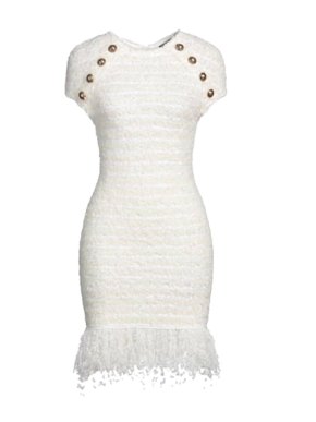 Balmain White Eyelash Mini Dress with Gold Button Detail