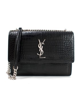 Saint Laurent Black Croc Embossed Medium Sunset Bag