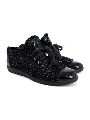 Chanel Black Metallic Tweed Lace Up Sneakers