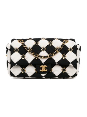 Chanel Black and White Medium Satin Métiers D’Art Checkered Embellished Flap Bag