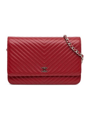 Chanel Red Caviar Leather CC Chevron Wallet On Chain