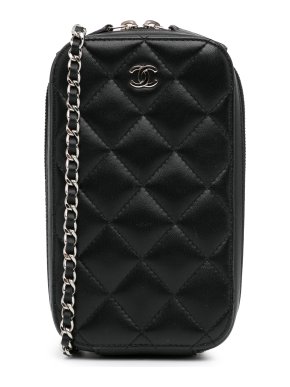 Chanel Black CC Quilted Lambskin Zip Phone Case