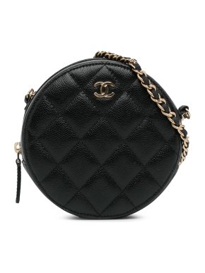 Chanel Black Caviar Leather CC Round Clutch With Chain