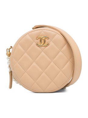 Chanel Beige Quilted Calfskin  Round Clutch With Pearl Chain