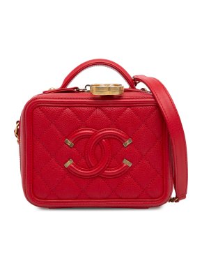 Chanel Red Caviar Leather Small Filigree Vanity Case