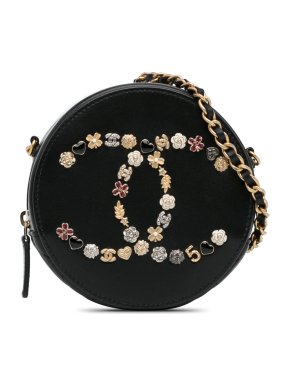 Chanel Black Leather CC Lambskin Lucky Charms Round Clutch With Chain