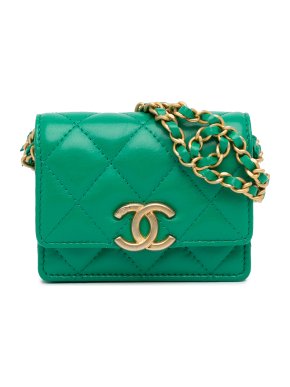 Chanel Green CC Quilted Lambskin Clutch with Chain