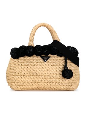 Prada Raffia Tote Bag with Pom Pom Detail