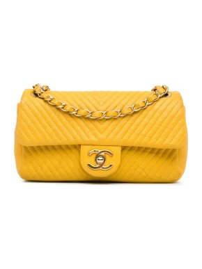 Chanel Yellow Chevron Medium Wrinkled Calfskin Medallion Charm Surpique Flap Bag