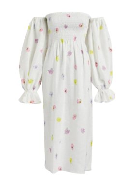 Sleeper White Floral Atlanta Shirred Linen Midi Dress with Matching Hair Tie