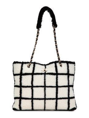 Chanel Black and White Grid Shearling Shopping Tote
