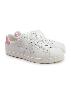 Gucci White Interlocking GG Ace Sneakers with Pink Detail