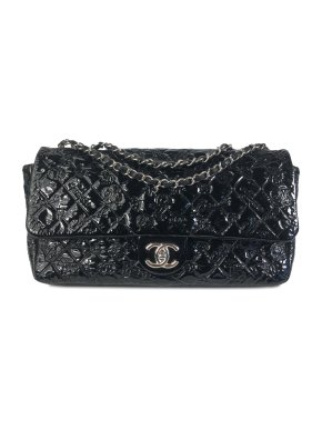Chanel Black Patent Leather Embossed Jumbo Lucky Symbols Flap Bag