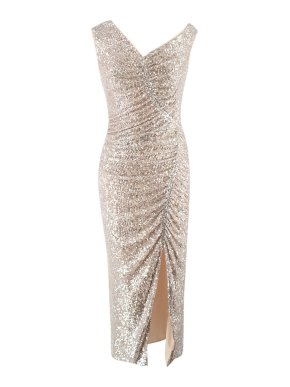 Self Portrait Silver Sequin Asymmetric Midi Dress