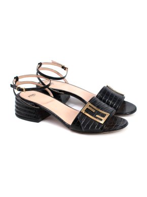 Fendi Black Croc Embossed Promenade Sandals