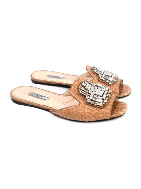 Prada Tan Croc Embossed Crystal Embellished Sandals