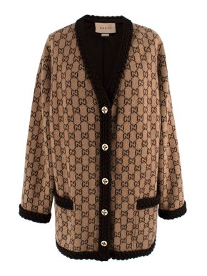 Gucci Brown Monogram Wool Knit Longline Cardigan